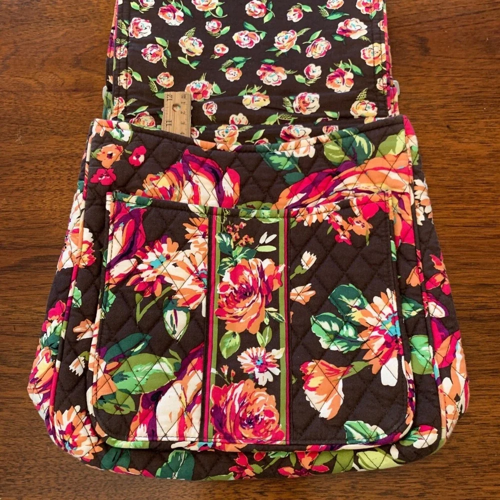 Vera Bradley Quilted Floral Crossbody Messenger Bag Brown Pink Green Pockets